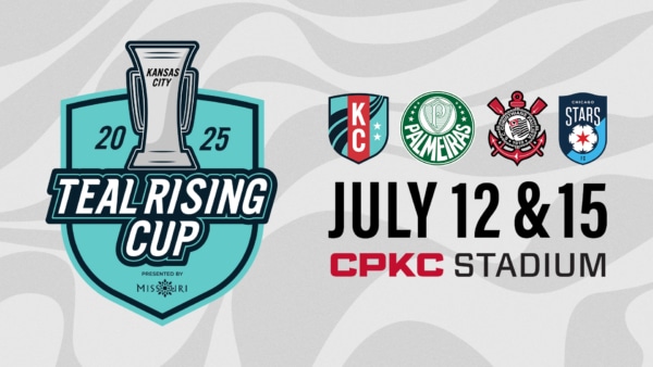 Cover graphic of 2025 Teal Rising Cup announcement presented by Visit Missouri starting July 12 -15 at CPKC Stadium.