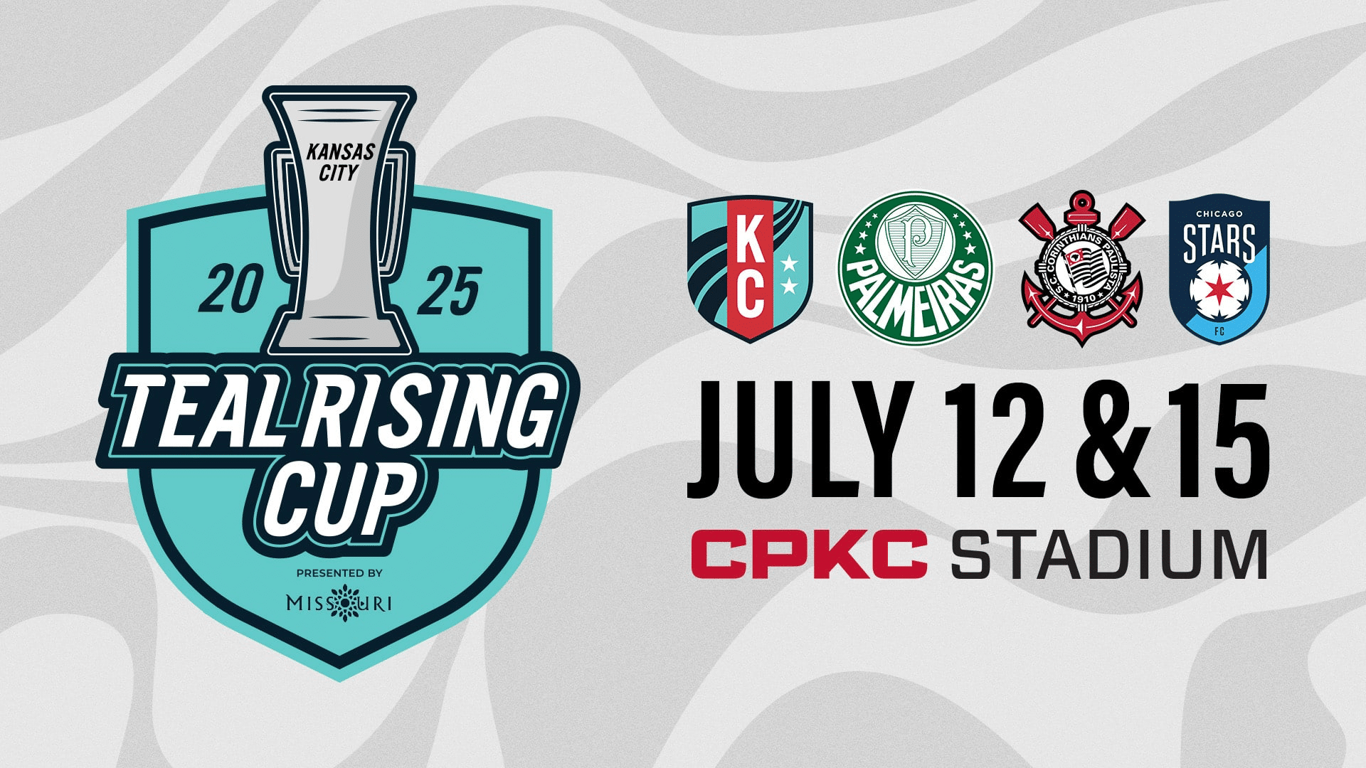 Cover graphic of 2025 Teal Rising Cup announcement presented by Visit Missouri starting July 12 -15 at CPKC Stadium.