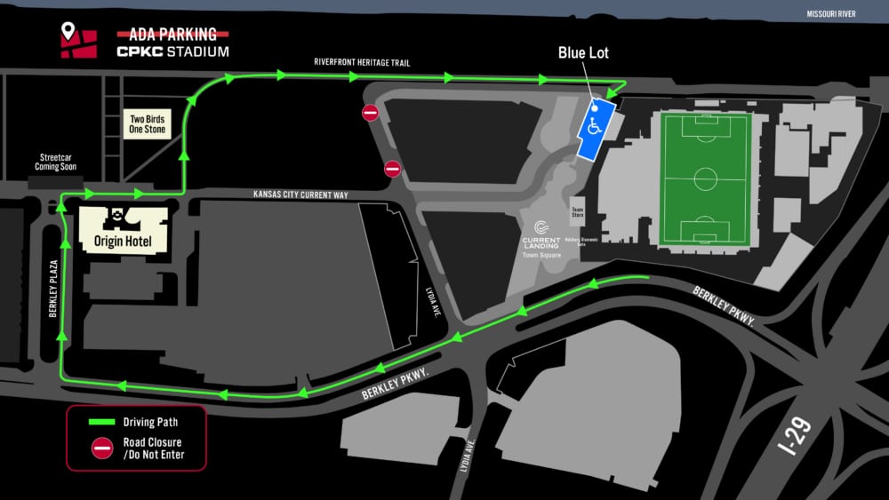 A map of CPKC Stadium's Accessible on-site parking lots.