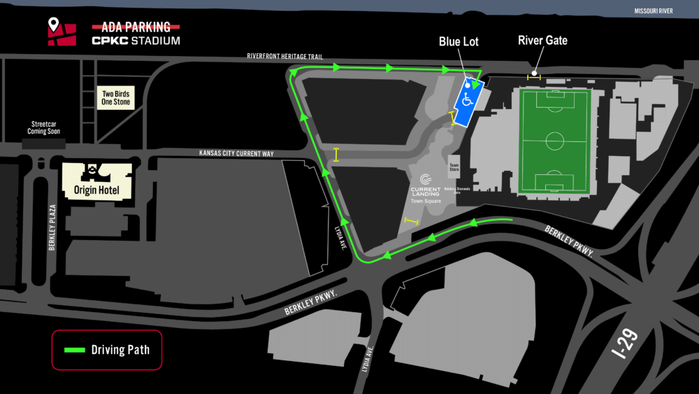 A map of CPKC Stadium's Accessible on-site parking lots.