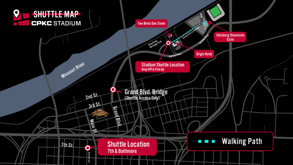 A shuttle map showing pick up and drop off locations to and from CPKC Stadium.