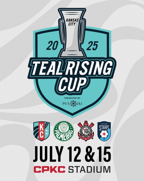 Cover graphic of 2025 Teal Rising Cup announcement presented by Visit Missouri starting July 12 -15 at CPKC Stadium.