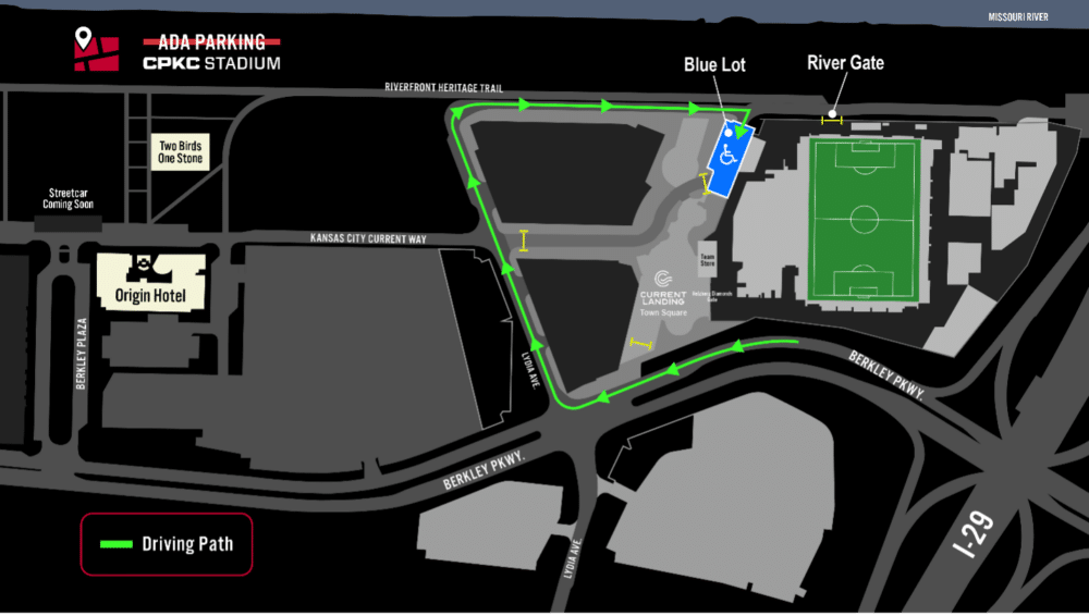 A map of CPKC Stadium's Accessible on-site parking lots.