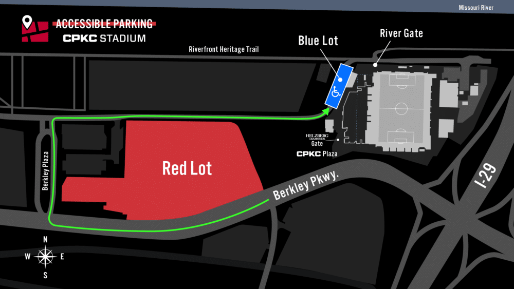 A map of CPKC Stadium's Accessible on-site parking lots.