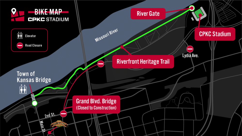 A biking map showing rout to and from CPKC Stadium.