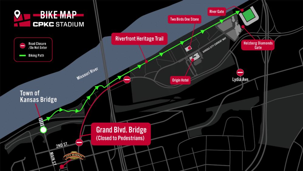 A biking map showing rout to and from CPKC Stadium.