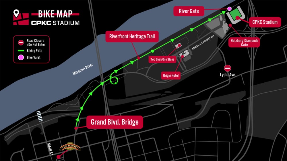 A biking map showing rout to and from CPKC Stadium.