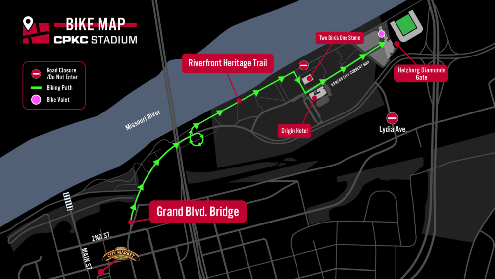 A biking map showing the route to and from CPKC Stadium.