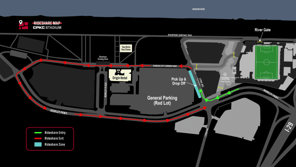 A map showing a green drop-off arrow and red departure arrow for rideshare drivers.