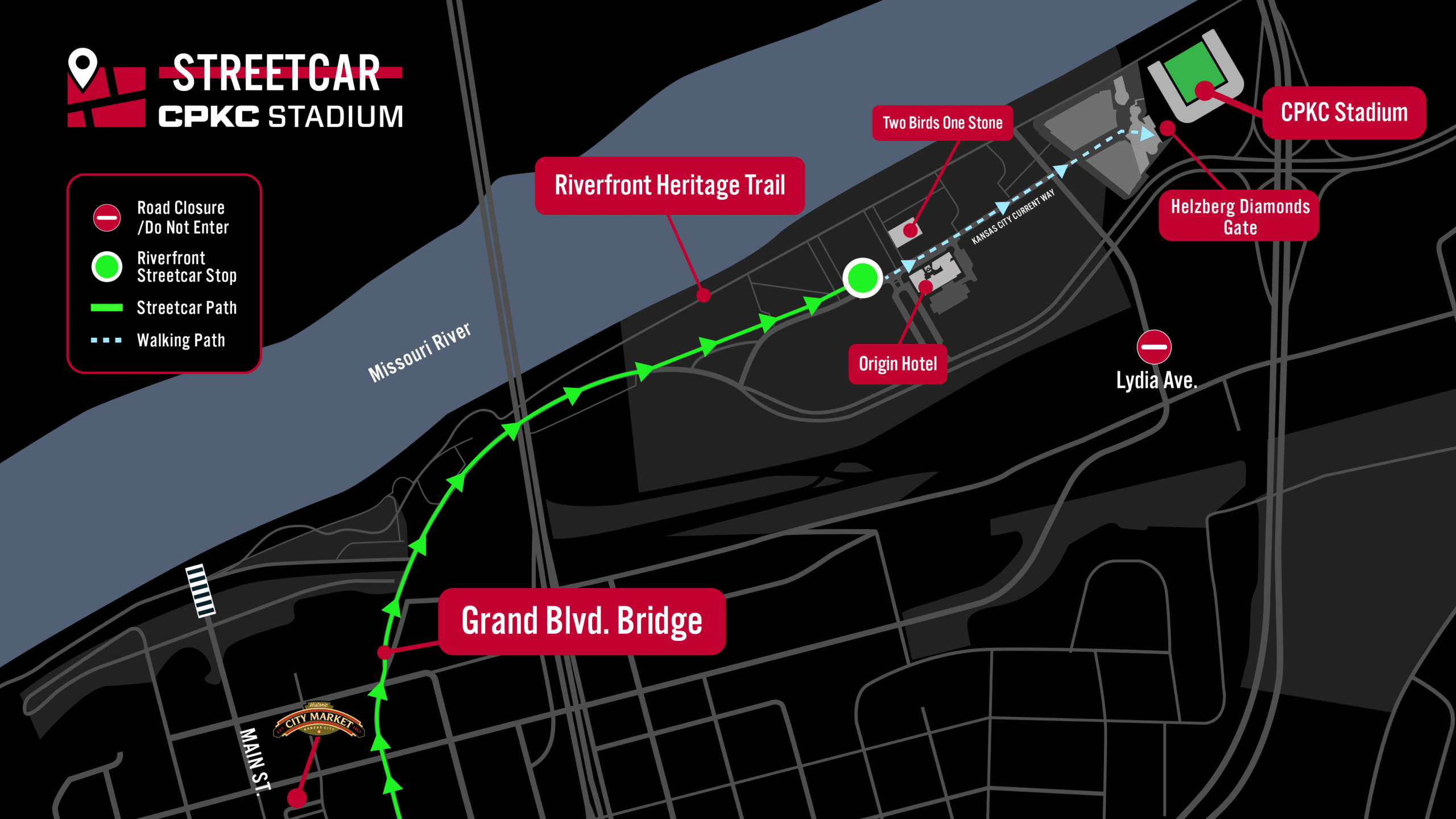 A streetcar map showing the route to and from CPKC Stadium.