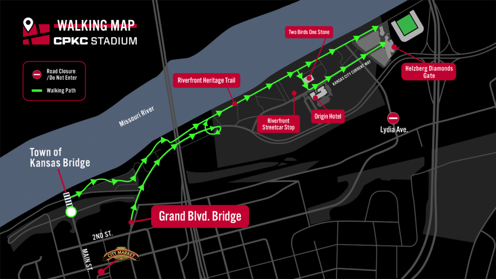 A walking map showing the route to and from CPKC Stadium.