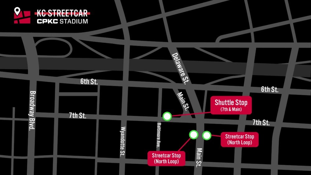 A streetcar map showing pick up and drop off locations to and from shuttles.