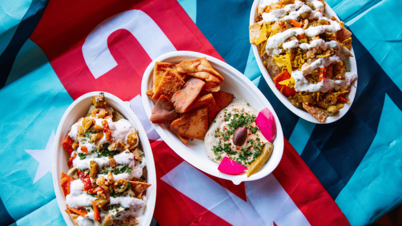 A graphic showing three food options at Baba's Pantry KC Current's and CPKC Stadium's new Restaurant partner.