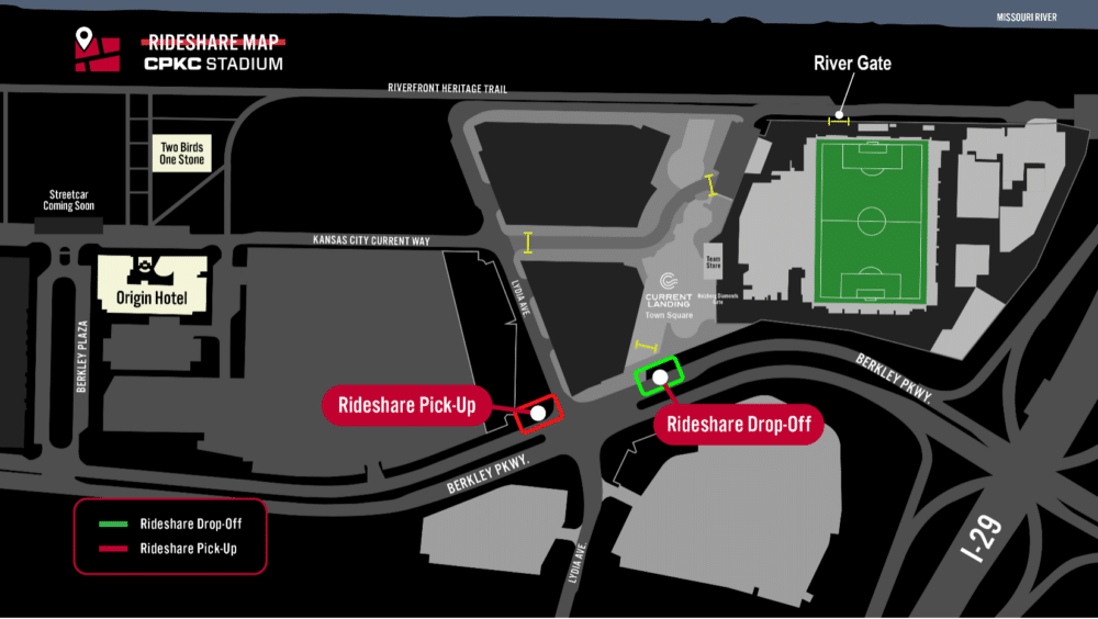 A black map with directions to the rideshare pick-up and drop-off locations for fans headed to matches at CPKC Stadium.