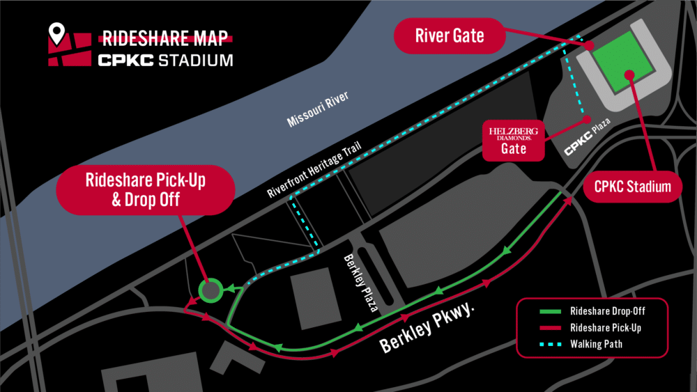 A rideshare map showing the pick up and drop off location to and from CPKC Stadium.