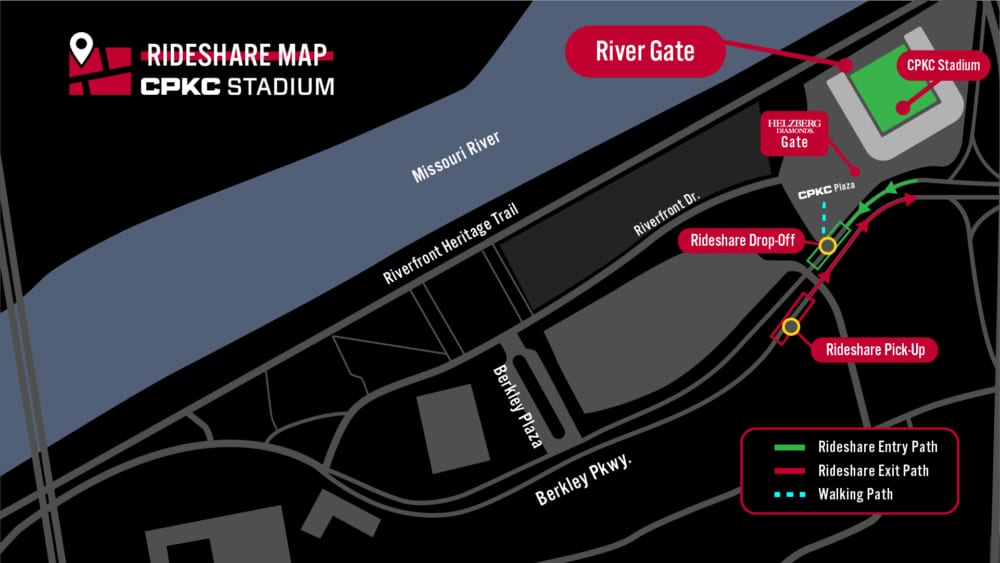 A black map with directions to the rideshare pick-up and drop-off locations for fans headed to matches at CPKC Stadium.