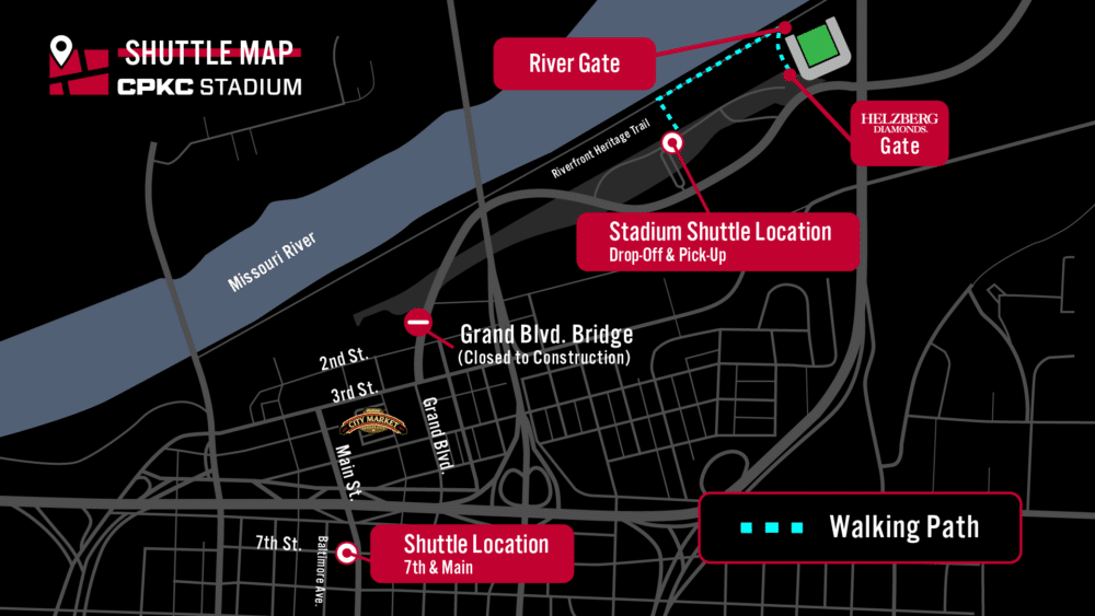 A shuttle map showing pick up and drop off locations to and from CPKC Stadium.