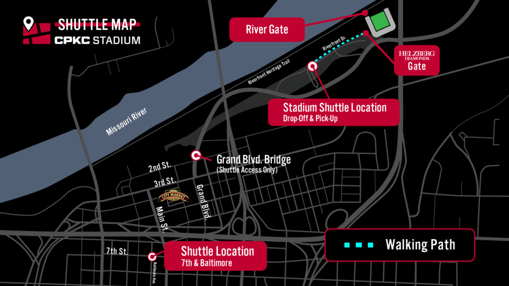 ShuttleMap_CPKC_v5 A shuttle map showing pick up and drop off locations to and from CPKC Stadium.
