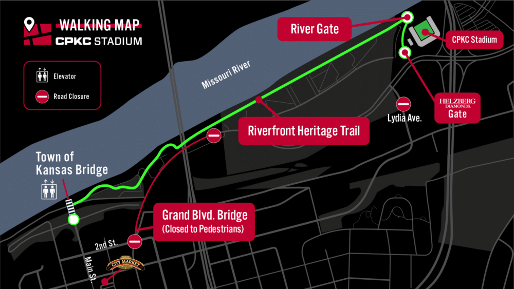 A walking map showing rout to and from CPKC Stadium.