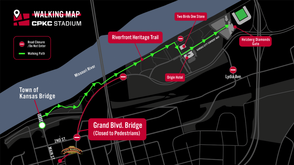 A walking map showing the route to and from CPKC Stadium.