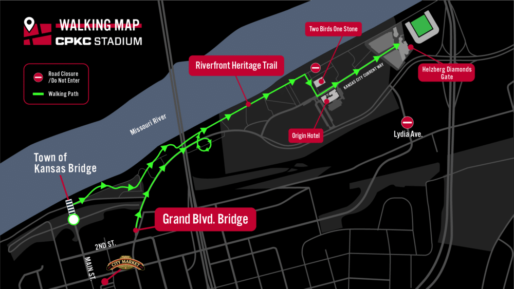 A walking map showing the route to and from CPKC Stadium.