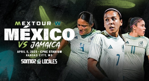 A title graphic showing three soccer players and stating MexTour Mexico vs Jamaica at CPKC Stadium to host first-ever national team friendly match April 5, 2025, Kansas City, MO.